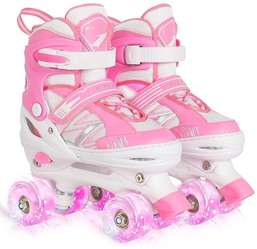 LIRENGUI Girls Roller Skates for Kids Children Beginner, Adjustable Kids Roller Skates with All Light Up Wheels for Sports, Pink & White (Medium 1-4 US)