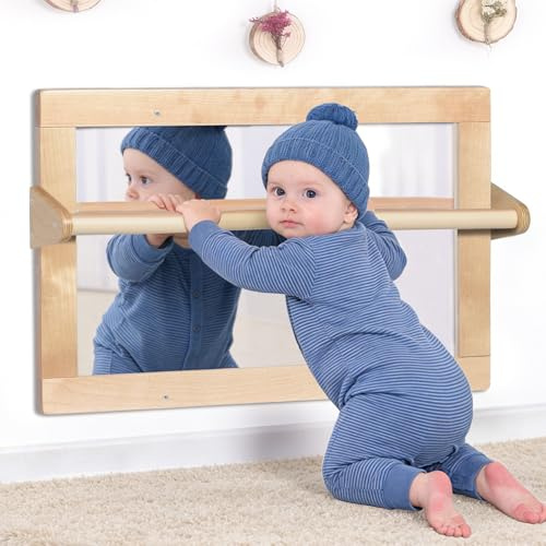 KRAND Baby Montessori Wooden Frame Safety Mirror, Shatterproof Mirror with 2 Pull Up Bars, Toddler Coordination, Small Mirror for 6-18 Months (Natural)