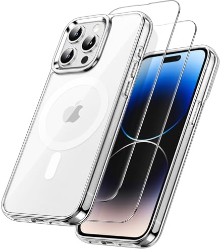 JETech 3 in 1 Magnetische Hülle für iPhone 14 Pro 6,1 Zoll mit 2 Stück Gehärtetes Glas Schutzfolie, Kompatibel mit MagSafe, Stoßfest Stoßfänger Handyhülle (Durchsichtig)