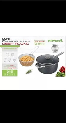 Reldor 3-in-1 Chip Pan with Lid & Wire Basket 24cm, Deep Fat Fryer with Non-Stick Coating, Deep Fat Frying Pot, Transparent Vented Lid, Dishwasher Safe—Perfect for Gas, Electric, and Solid Hotplates