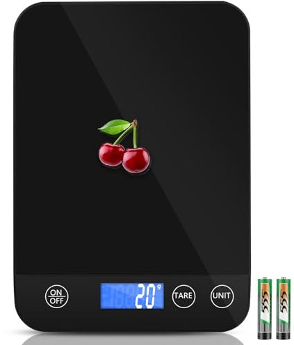 Apritsce Küchenwaage Digital, 15KG Küchenwage mit Geneigtes LCD Display und Tara Funktion, Hochpräzise 1g Kitchen Scale, Schwarz Glas Lebensmittelwaage zum Backen und Kochen