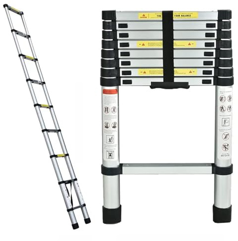 Échelle télescopique de 2,6 m en Métal léger avec mécanisme de Verrouillage et Pieds antidérapants, échelle Pliable Multifonction, capacité de 150 kg