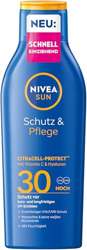 NIVEA SUN Schutz & Pflege Sonnenlotion LSF 30, wasserfester Sonnenschutz mit Vitamin C & Hyaluron, schnell einziehende Sonnencreme für 48h Feuchtigkeit ohne weißen Film (200 ml)