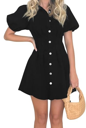 Yewfirm Denim Dress for Women Puff Sleeve Mini Jean Dresses for Women 2025 Summer Casual Denim Dress, Black, XL
