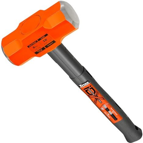Titan iDX 63618 8lb Sledge Hammer with 16 Indestructible Handle Reinforced with Steel Locking Plates & Steel Bars, Vulcanized Rubber Grip, Oevrstrike Protection