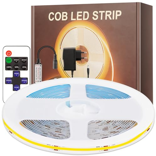PSTAR Striscia LED COB 6 Metri Bianco Caldo, Strip LED 2700K Alta Luminosità 320LED/M con Telecomando RF, Strisce LED Adesive Flessibile Dimmerabile Tagliabile