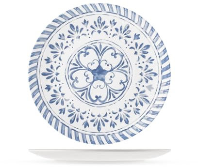 Set de 6 assiettes plates Azulejo en mélamine décorée – 27 cm – Design portugais, bleu et azur – Style méditerranéen, lavables en lave-vaisselle