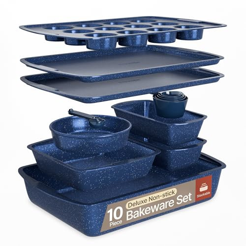 Blue Marble 10-Piece Bakeware Sets, Nonstick Carbon Steel Baking Sheet & Pans, Stackable Space-Saving Bakeware, Dishwasher Safe, Stain-resistant, PFOAPFOSPTFE Free, Oven Safe Up To 450°F (230°C)