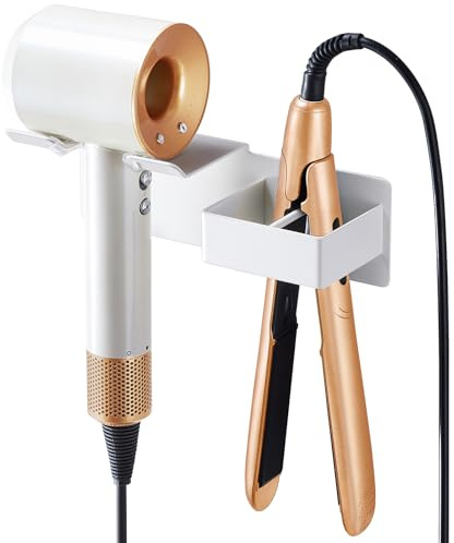 XILIMOR Soporte para Secador de Pelo y Plancha, Soporte Secador de Pared Sin Taladrar, Soporte Plancha de Metal, Soporte para Secador de Pelo Autoadhesivo, para Baño, Dormitorio, Peluquería (Blanco)