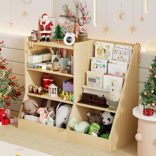 IKALIFE 39 Large Kids Wooden Bookshelf and Toy Storage Organizer, Baby Bookcase with Sling Book Rack, Children Toddler Wooden Book Shelf for kids rooms, Playroom, Classroom, Nursery, School (Natural)