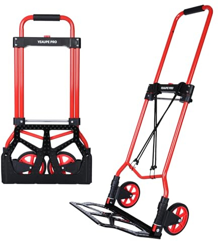 YEAUPE PRO Foldable Sack Truck, 50 kg Load Capacity & Height Adjustable, Sack Truck for Moving and Transporting with 2 Expander Ropes & Sponge Handle - Red - Unicycle