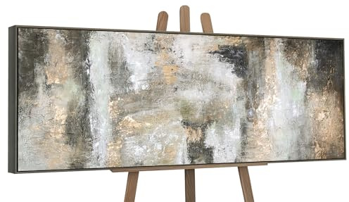 YS-Art Quadro Astratto Beige e Grigio con Effetto Materico, Arte Moderna Elegante Dipinta a Mano su Tela 150x50 cm