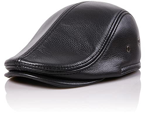 BOTOWI Cappello da Uomo in Vera Pelle Ivy Cappello da Strillone Classico Vacchetta Gatsby Driving Cabbie Hat Autunno Inverno Cappello da Pesca da Caccia,Nero,XL