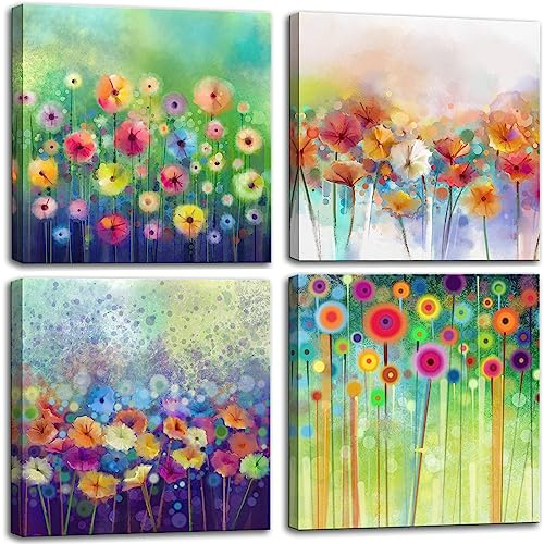 Flowers Bathroom Decor Canvas Wall Art, Colorful Floral Artwork Painting Prints Modern Pictures Framed for Bedroom Office Living Room Decorations - 12x12x4 panel