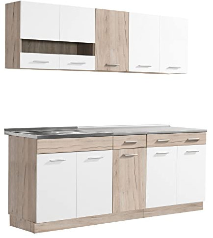 Homestyle4u 2356, Küche Küchenzeile Küchenblock Eiche Holz Weiß Einbauküche Single Küchen Schränke 200 cm