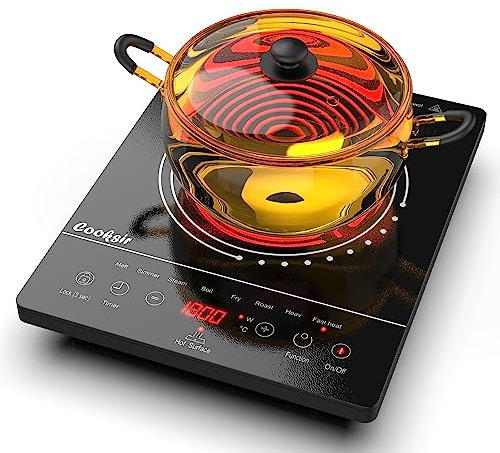 Vitrocerámica 1 placa, Placa portátil con enchufe, Calor infrarrojo, 2000W, 28cm, Vitrocerámica, Bloqueo para niños, Temporizador 4 horas, Cooksir