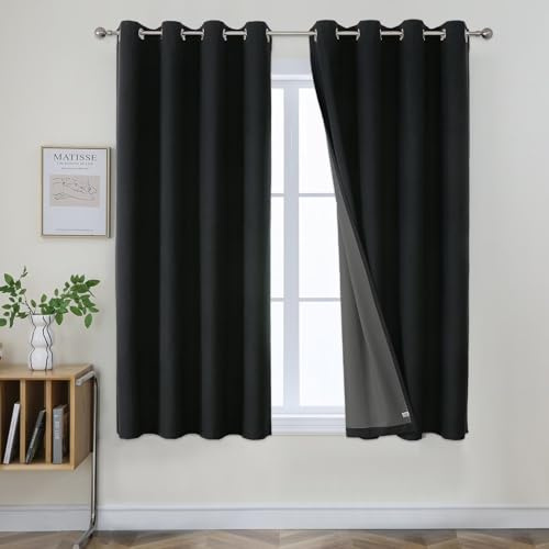 Joydeco Blackout Curtains 63 Inches Long 2 Panels Burg, Room Darkening Curtains for Bedroom, 100% Black Out Textured Thermal Drapes Privacy Protection 2 Panels Set(W52 x L63 Inch, Black)