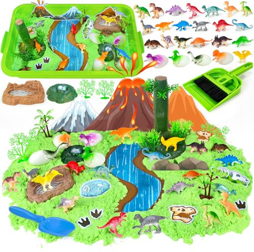 Play Sand Sensory Bin Girls Boys Toys, Magic Sand Dinosaurs| Construction Kits for 3-9 Year Old Girl Boy Kid Gifts Toys Birthday Presents, Play Sand Art Kit Sandbox with 2.2lbs Sand/ Models/ Tools