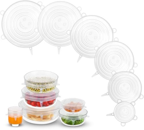 FMYODWU Tapas de cocina de silicona ajustables de 6 piezas, sin BPA, tapas de sellado de silicona para un almacenamiento seguro de los alimentos, ¡respetuosas con el medio ambiente y reutilizables