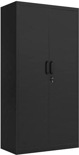 DWVO Aktenschrank mit 4 Verstellbaren Regalen, Metallschrank Abschließbar, Büroschrank, Stahl-Aufbewahrungsschrank, Metallschrank, Garage, Büro, Abstellraum, Schwarz, 180x90x45 cm