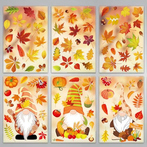 Autumn Window Stickers, 93Pcs Autumn Decorations Double-Sided Stickers, Fall Maple Leaves Gnomes Window Clings for Thanksgiving