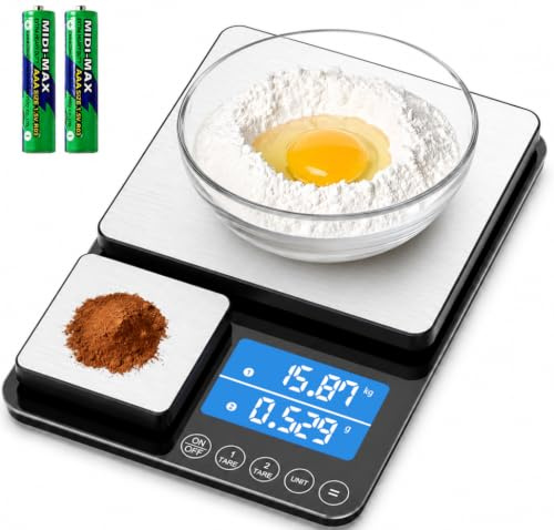 Diyife Multifunktionell digital köksvåg, 1,5 kg/1 g och 500 g/0,01 g | med 2 plattor, precisionsvåg med 7 enheter, LCD-skärm, tarning, automatisk avstängning, smart ackumulering