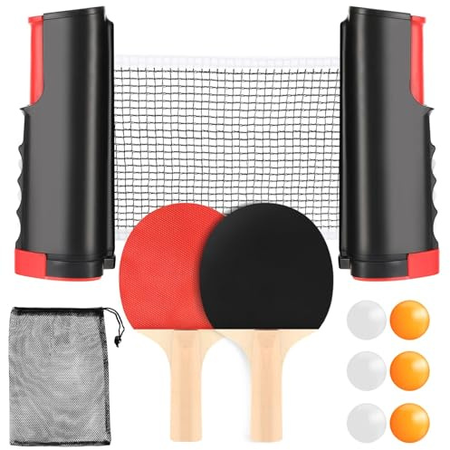 Racchette Ping Pong Set Professionale, Set da Ping Pong con 2 Racchette + 6 Palline + 1 Regolabile Rete + 1 Borsa da Trasporto, Ping Pong Set da Tavolo Portatile per Bambini Famiglie Gioco