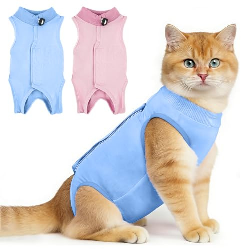 Ferizzia 2 styck kattklädsel efter operation, 14 x 30 cm kattklädsel för kattoperation, kattklädsel, kattdräkt för kattoperation, bekväm dräkt, alternativ till skyddskrage, blå och rosa, storlek S