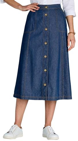 Chums Ladies 100% Denim Button Through Skirt Elasticated Back Waist Panelled Design with Pockets Lengths 27 Petite, 29 Regular