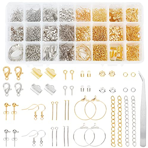 PandaHall 1 caja para hacer aretes de bricolaje con gancho para aretes, cierre de pinza de langosta, anillo de salto, tapa de cuentas, extremo de cinta, pendientes para hacer joyas