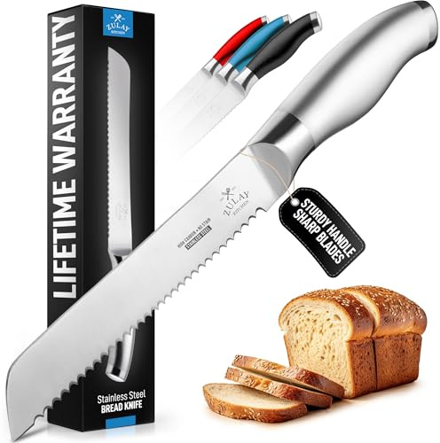 Zulay Kitchen Bread Knife for Homemade Bread – Ultra Sharp 13-Inch Stainless Steel Serrated Knife for Sourdough, Bagels – Wavy Blade Edge Cutter & Slicer with Sturdy Handle, Great Gift – Silver
