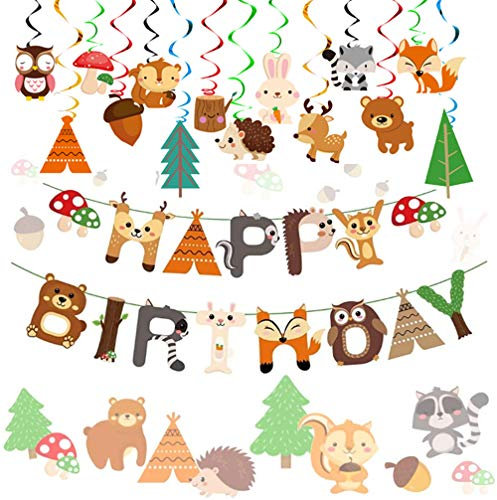 JeVenis 31 PZ Decorazione per feste nel bosco Banner di compleanno degli animali del bosco Decorazione di compleanno degli animali della foresta Forniture per feste di compleanno nel bosco