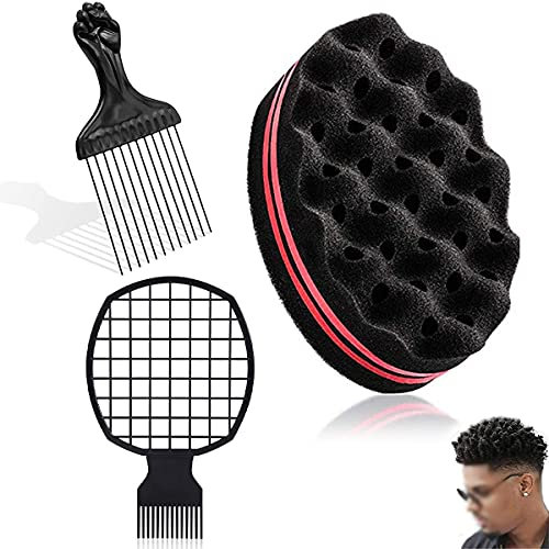 LORESJOY HaarbüRste Schwamm,Afro Twist Haarkamm für Herren Afro Kamm mit 3er set Griff Wave Barber-Werkzeug für Afrikanische Frisuren Gelockt DIY Afro Haarspule Pick KäMme für MäNner…