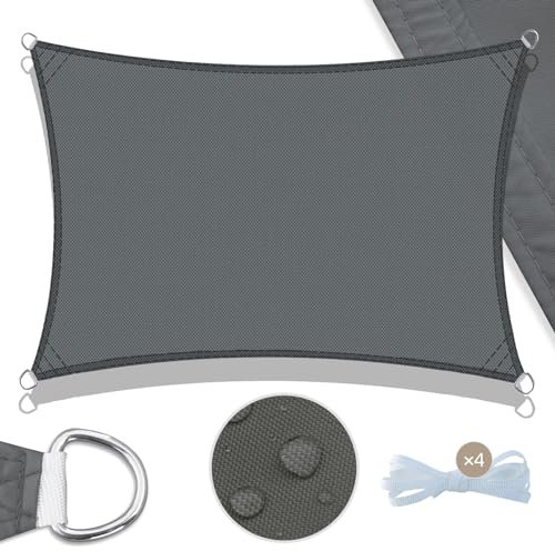 UMI Sonnensegel Wasserdicht 2,5x3m Rechteckig Sonnenschutz Wetterschutz PES Polyester Segel Baldachin 95% UV Schutz mit Seilen für Garten Balkon Terrasse- Anthrazit