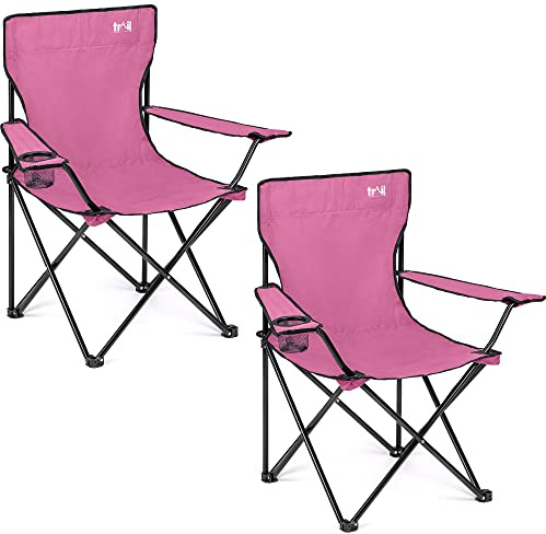 Trail Folding Camping Chairs with Cup Holders, 2 Pack, 100kg Capacity, Pink | Tubular Steel Frames, Fast-Drying Polyester, Cup Holder Armrests, Carry Bags Included