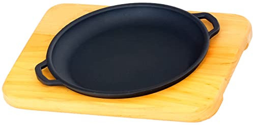 Servierpfanne rund 18 cm mit Holzuntersetzer | Bratpfanne mit zwei Griffen 2 cm Hohe | Grillpfännchen Gusseisen |Gusspfännchen geeignet für Gasgrill, Backofen, Feuerstelle, alle Herdarten, Induktion
