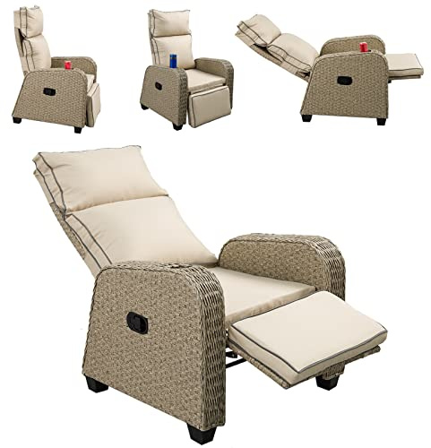 Chusstang Patio Rattan Recliner, Outdoor Rattan Lounger Sofa with Soft Cushion, 170 Degree Adjustable Backrest, and Footrest Weatherproof Rattan Armchair for Outdoor Support 150kg - Natural