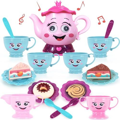 ArtCreativity Musical Tea Set for Girls, 19 Piece Girls Tea Party Set, Toddler Tea Set with Motion Activated Pouring Sound, Music, and Tea Sets for Toddlers 3-5