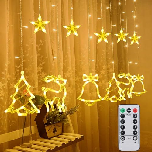 Cortina de Luces Navidad, 120 LED Árboles de Navidad Alces Campanas Guirnalda Cortina Luces, 8 Modos Cadena Cortina Luz Impermeable, Luminosa Decorativas para Interior Exterior Boda Fiesta Ventana