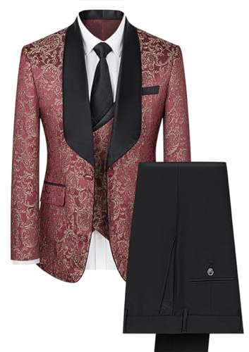 Allthemen Jacquard 3-delad kostym för män Paisley 1 knapp klänning kostymer smal passform kostym jacka väst byxor bröllop, Röd, L
