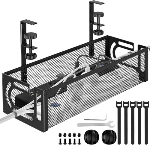Under Desk Cable Management Tray No Drill, Metal Mesh Cable Management Under Desk with Clamp Mount, Wire Management Tray, Cord Organizer for Home Office, Black