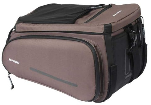 Basil Move bagagehållarväska – 10–26 l, brun, vattenavvisande, tillverkad av återvunnen polyester, kompatibel med MIK & Racktime-adapterplattor, perfekt för pendling och shopping