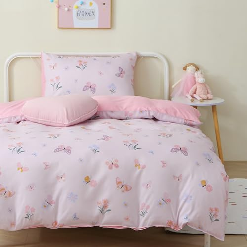 FEKOHIPY Kids Duvet Cover Set Pink Butterfly Children's Bedding 135x200 Girls Flower 3D Print Microfibre Kid Duvet Cover with Zip and 1 Envelope Pillow Case 50x75cm Fairy Child Bed Linen Single