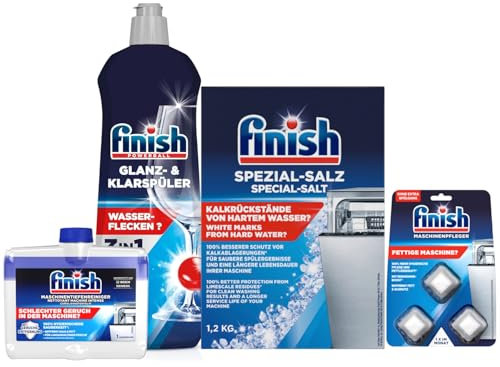 Finish Glanz- & Klarspüler 800 ml XL-Pack, Maschinenpfleger 2-Phasen Regular 250 ml, Maschinenpfleger 3 Tabs, Spezialsalz 1,2 kg – Komplettes Set für strahlenden Glanz und optimale Maschinenpflege