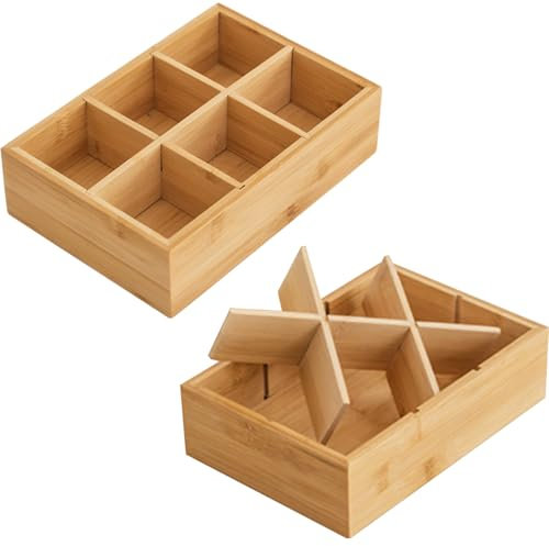 Oungy 2 Pack Bamboo Tea Bag Organizer, 24x16x6.5cm Wood Hot Tea Bag Drawer Storage Organizer Holder with 6 Compartments, Tea Box Organizers