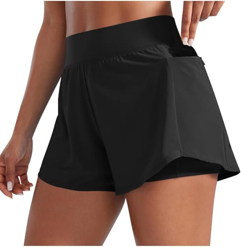 NSICBMNO Short de course 2 en 1 pour femme - Taille haute - Séchage rapide - Short athlétique avec poches zippées - Pantalon d'entraînement ample - Pantalon de survêtement évasé - Legging de sport