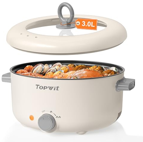 TOPWIT Electric Pot, 3L Hot Pot Electric, Rapid Noodles Cooker, Non-Stick Frying Pan, Multifunctional Electric Hot Pot for Steak, Egg, Ramen, Soup, Shabu Shabu Pot for Camping, RVs, Party, Beige
