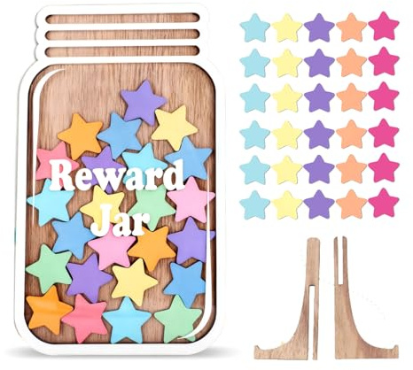 Reward Jar with Star Tokens, Reward Charts for Children Behaviour Star Reward Jar for Children Potty Train Tool Reward Board for Kids Home School Classroom (C)