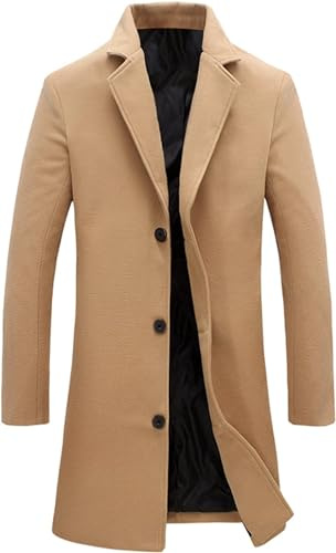 Springrain Cappotto da uomo monopetto in misto lana con colletto dentellato, caldo cappotto invernale, Cachi, Large