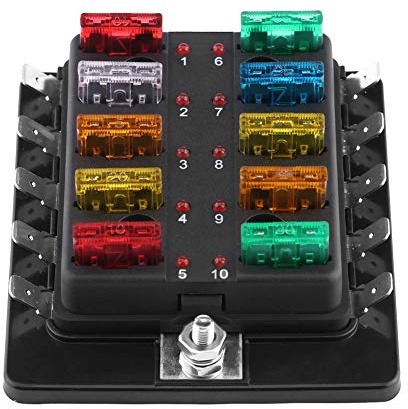 EVGATSAUTO Support de bloc de boîte à fusibles à lame de circuit à 10 voies avec kit de voyant d'avertissement Couvercle de protection contre l'eau pour voiture Van Boat Marine 5A/10A/15A/20A/25A/30A